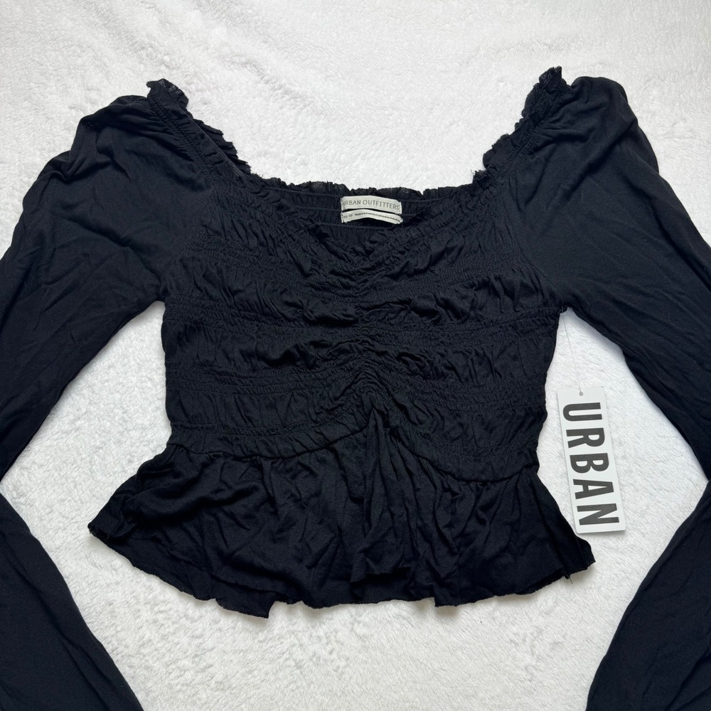 Urban Outfitters Black Smocked Long Sleeve Peplum Top Sweetheart Neck Ruffle XS - Picture 3 of 4